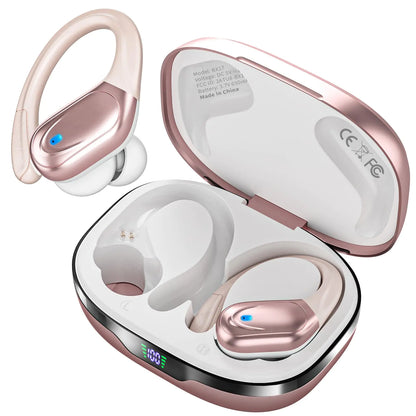 Wireless Earbuds Bluetooth Headphones 80hrs Playback Ear Buds Power Display with Noise Canceling Mic with Earhooks for Sports/Workout/Running